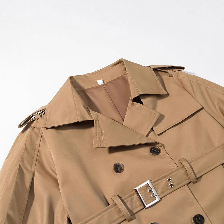 Damen nan langer taillierter Trenchcoat mit doppeltem Gürtel und Schalkragen Drune