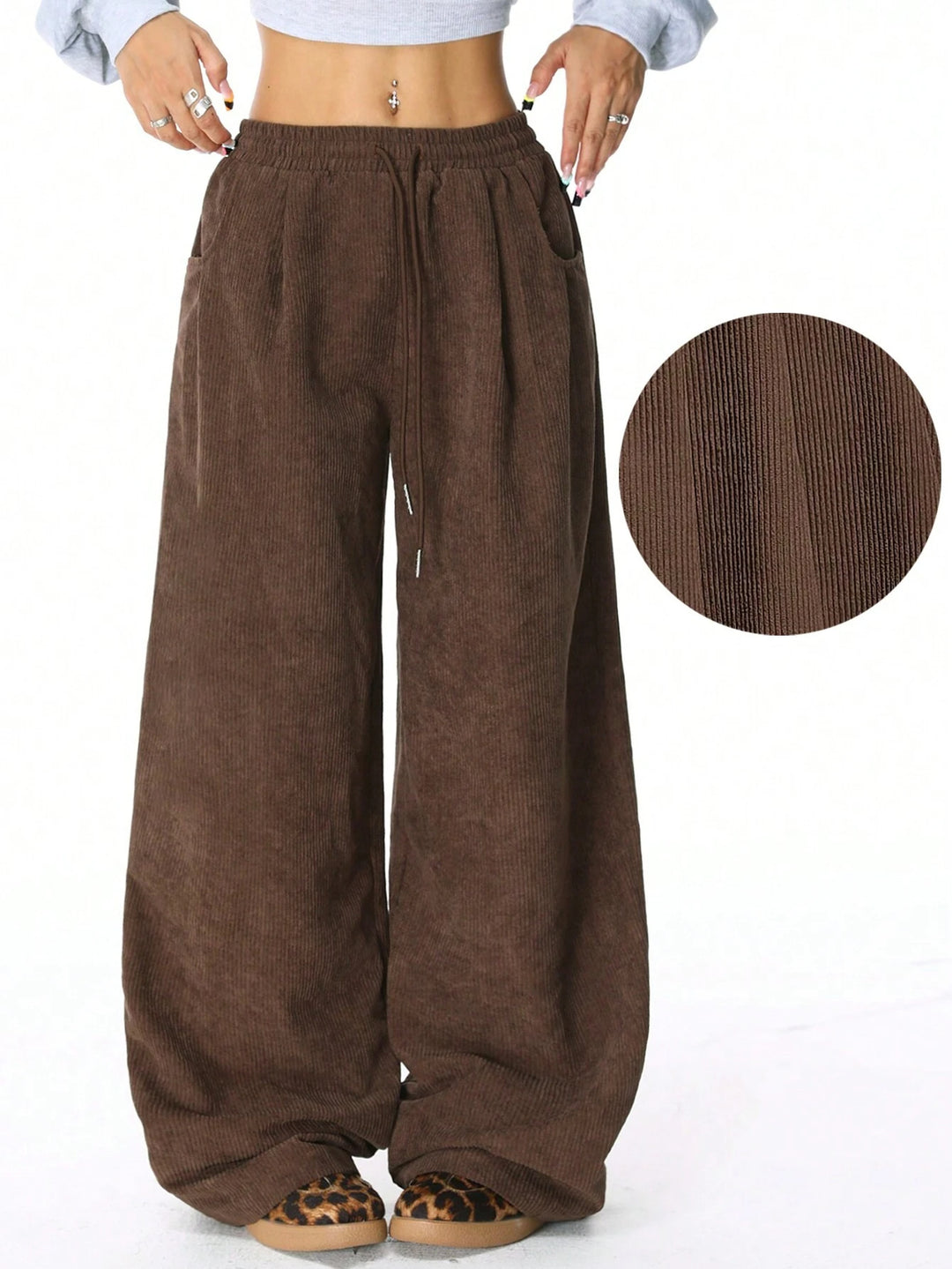 Damen Weite Cordhose aus Feincord mit hohem Elastikbund Drune