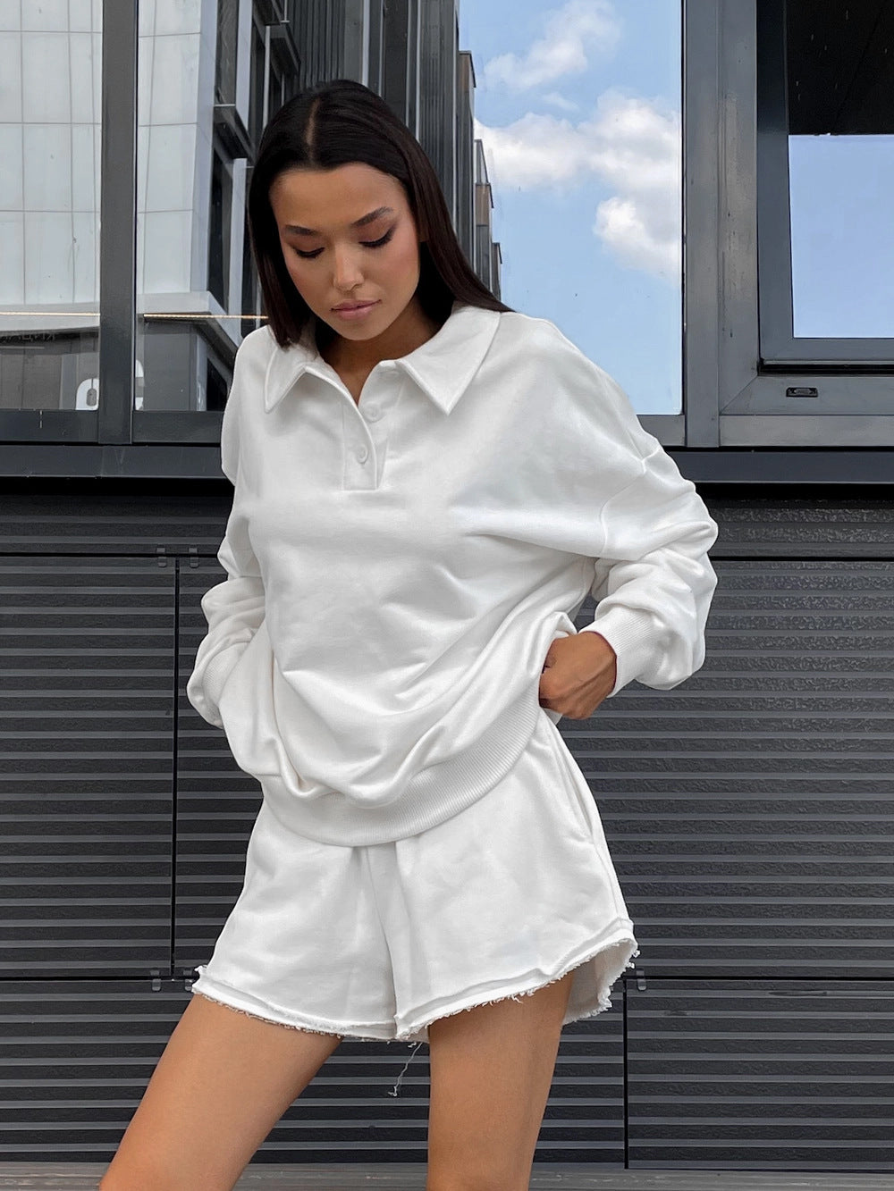 Damen Relaxed-Frottee-Loungewear-Set mit Oversize-Sweatshirt und ausgefransten Shorts Drune