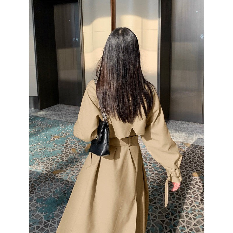 Damen Eleganter Midi-Trenchcoat mit Oversize-Schulterklappe, gerafften Ärmeln und taillierendem Bindegürtel Drune