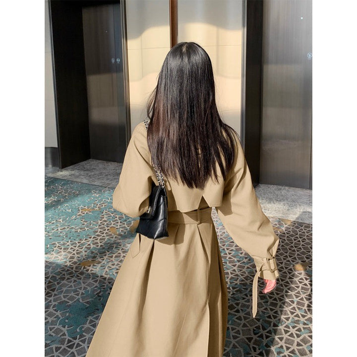 Damen Eleganter Midi-Trenchcoat mit Oversize-Schulterklappe, gerafften Ärmeln und taillierendem Bindegürtel Drune