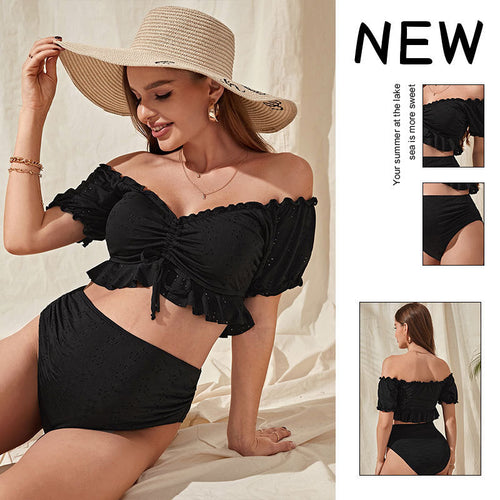 Damen Hoch tailliertes Bikini-Set mit Rüschen und elastischem Material Drune
