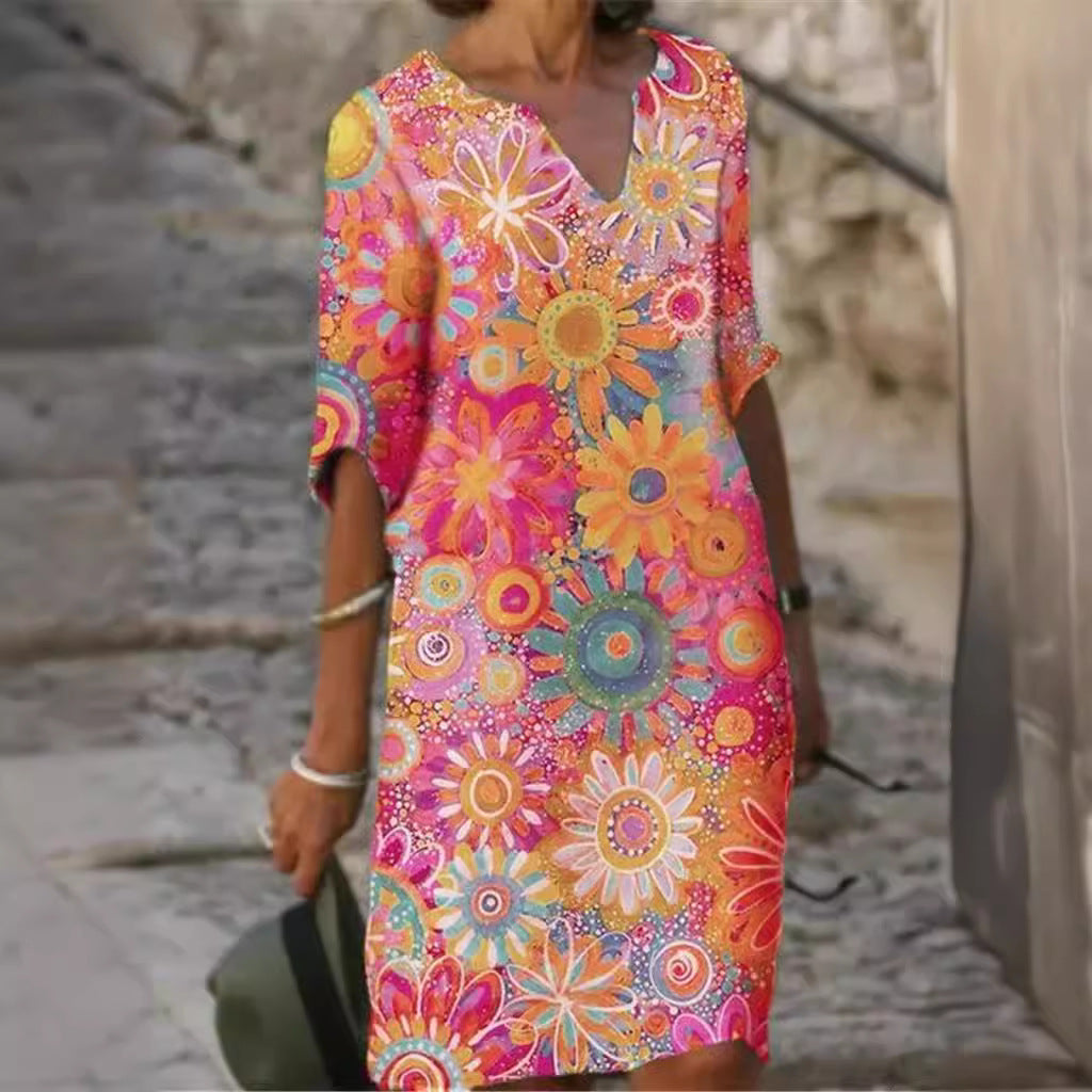 Damen lässiges Freizeitkleid mit floralen Mustern und V-Ausschnitt Drune