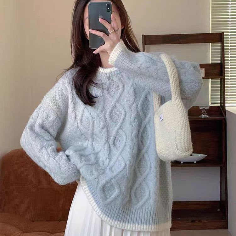 Damen Grobstrickpullover mit Zopfmuster und kontrastierendem Halsabschluss Drune