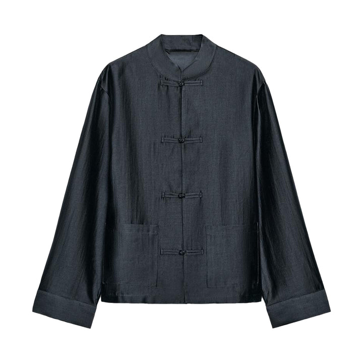 Damen Locker geschnittene Jacke mit Mandarinkragen und Knotenverschlüssen Drune