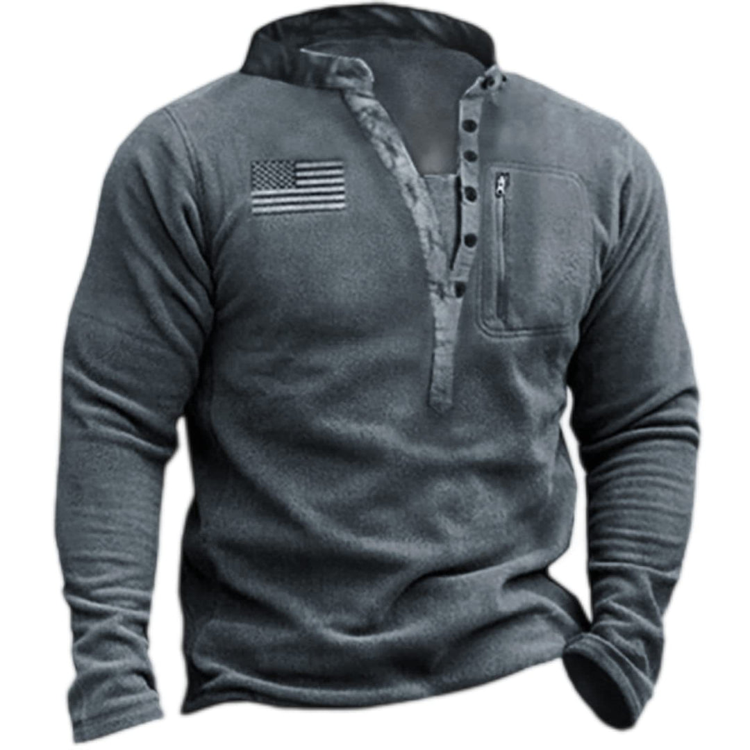 Herren thermischer Henley-Fleecepullover mit Brust-Reißverschlusstasche und Camouflage-Detail Drune