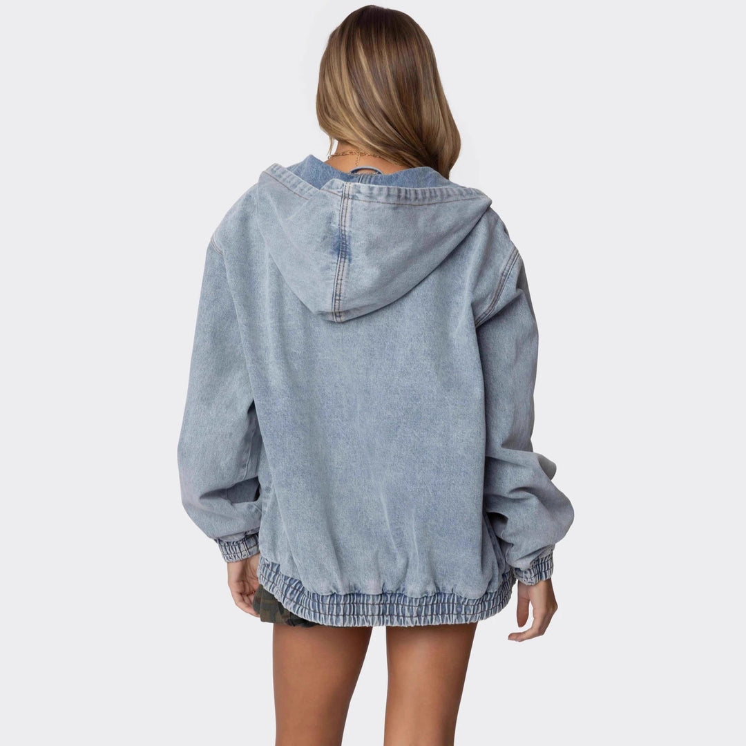 Damen Oversized Denimjacke mit Kapuze und elastischen Bündchen Drune