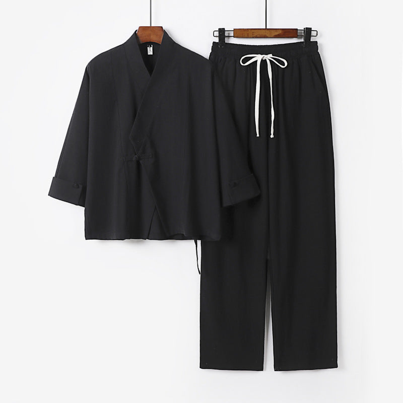 Unisex Leichtes Zen-Lounge-Set im Kimono-Stil mit überschnittener Schulter verdeckter Knotenleiste und elastischer Tunnelzughose Drune
