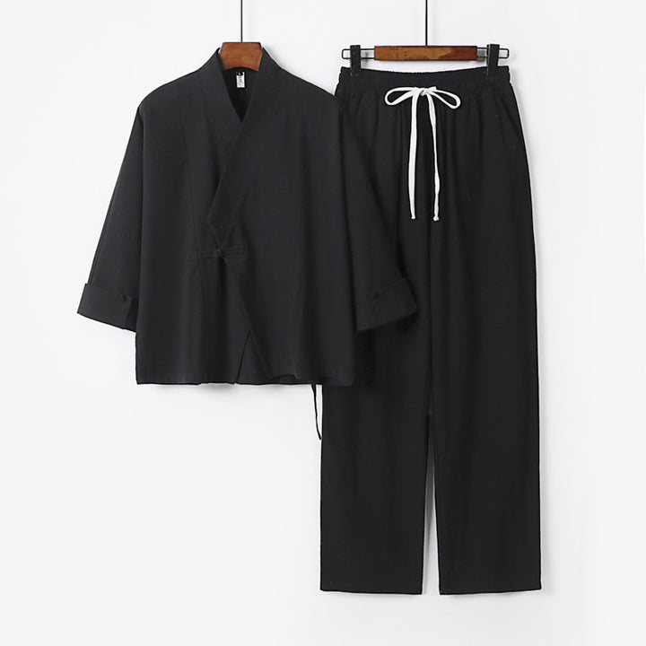 Unisex Leichtes Zen-Lounge-Set im Kimono-Stil mit überschnittener Schulter verdeckter Knotenleiste und elastischer Tunnelzughose Drune