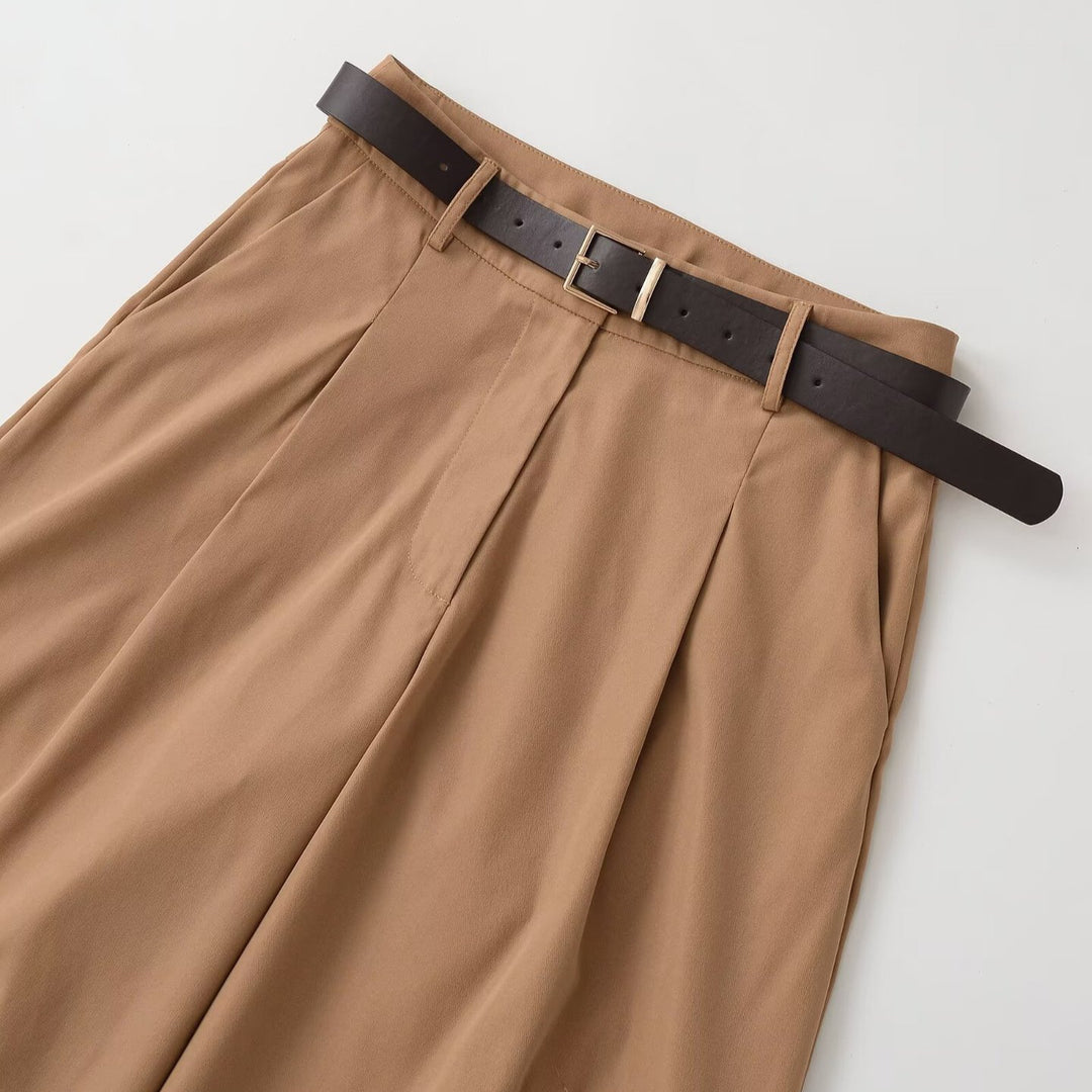 Damen Culotte-inspirierte High-Waist Palazzo-Hose mit Bügelfalte und Taillengürtel Drune