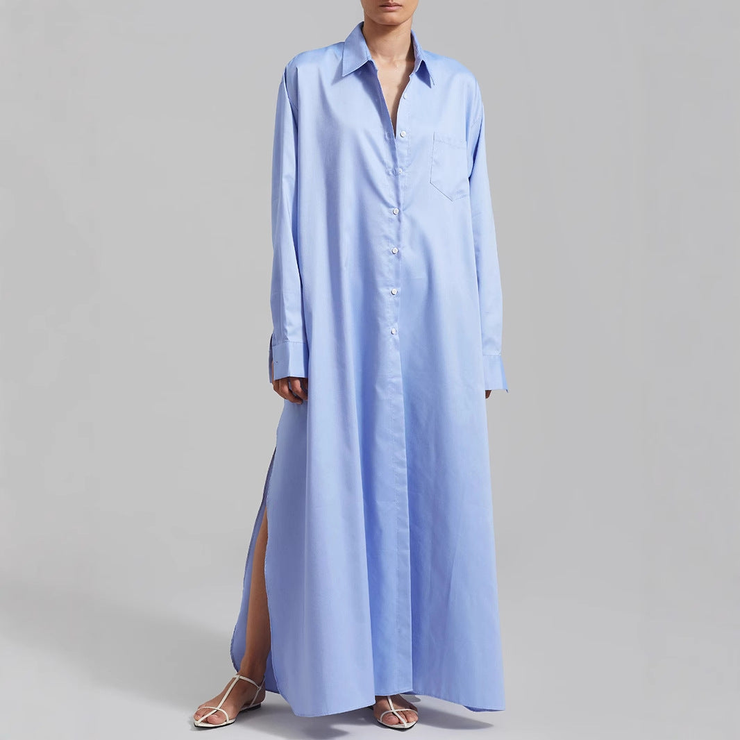 Damen Maxikleid im Hemdblusen-Stil mit seitlichem Schlitz und langen Ärmeln Drune