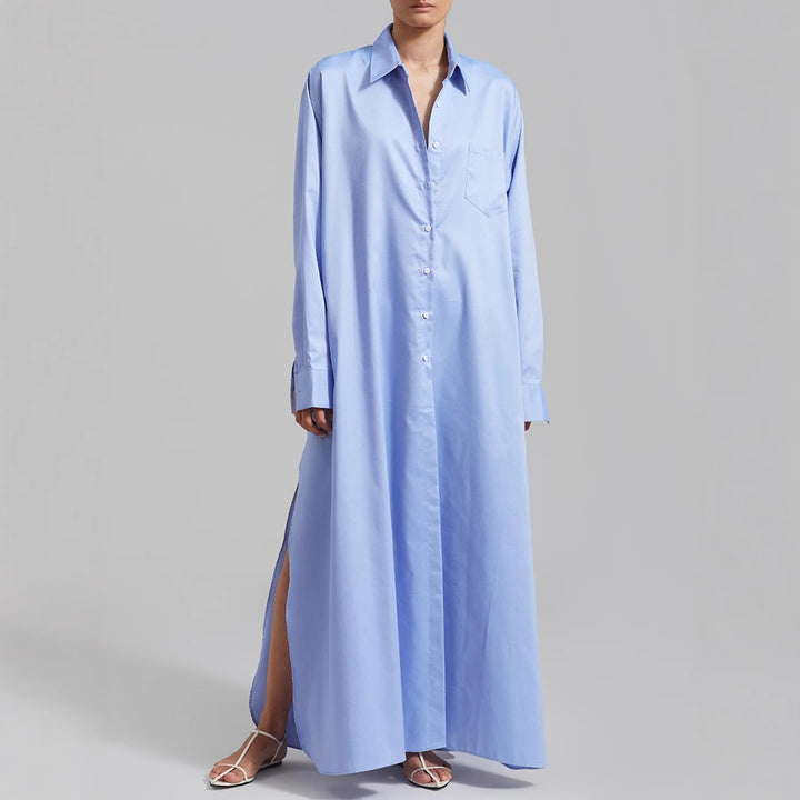 Damen Maxikleid im Hemdblusen-Stil mit seitlichem Schlitz und langen Ärmeln Drune