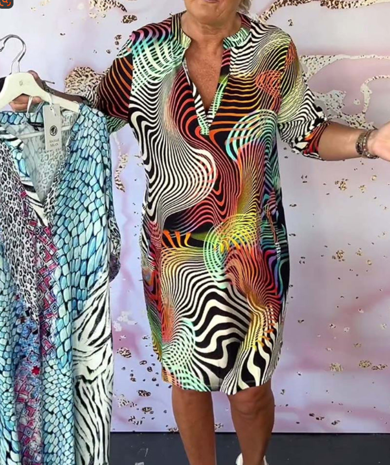 Damen Midi Kleid mit psychedelischem Allover-Druck V-Ausschnitt und lässigem Shift-Schnitt Drune