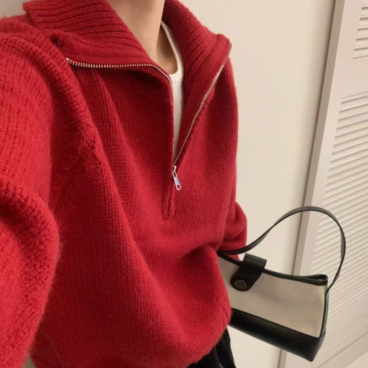 Damen Modischer Strickpullover mit hohem Kragen und Reißverschluss Drune