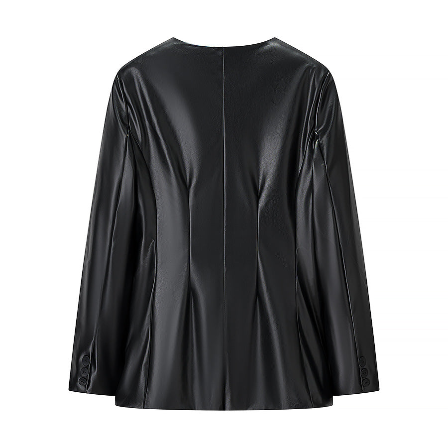 Damen Figurnaher Blazerjacke in Lederoptik mit Single‑Button und konturierenden Abnähern Drune