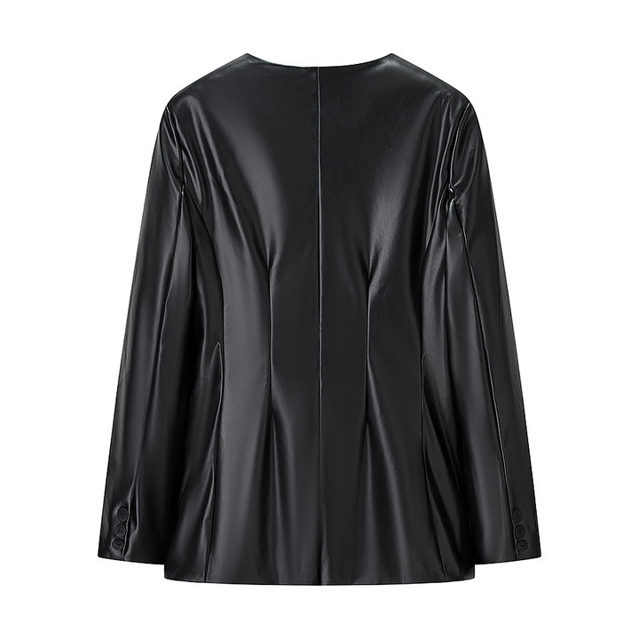 Damen Figurnaher Blazerjacke in Lederoptik mit Single‑Button und konturierenden Abnähern Drune