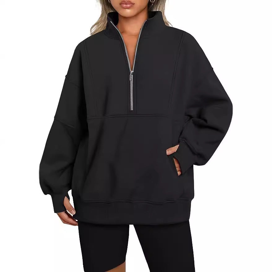 Damen Oversized Sweatshirt mit halbem Reißverschluss, Kängurutasche und Stehkragen Drune
