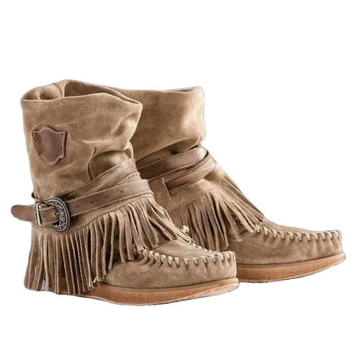 Damen Mokassin-Stiefel mit fransigen Details und modischer Schnalle Drune