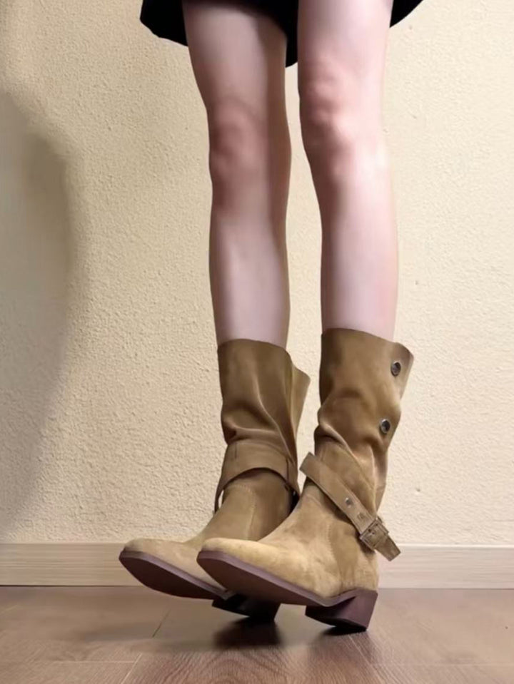 Damen Elegante Schnürstiefel mit modischem Riemen Drune