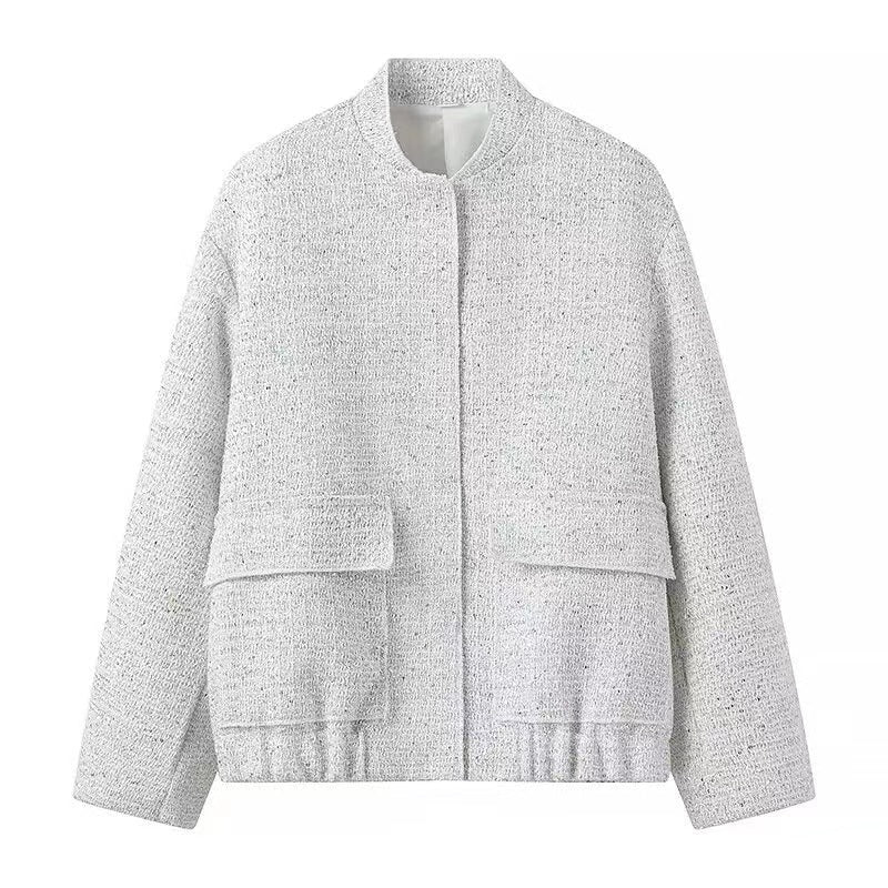 Damen nan strukturierte Boucléjacke mit Stehkragen, aufgesetzten Taschen und elastischem Saum Drune