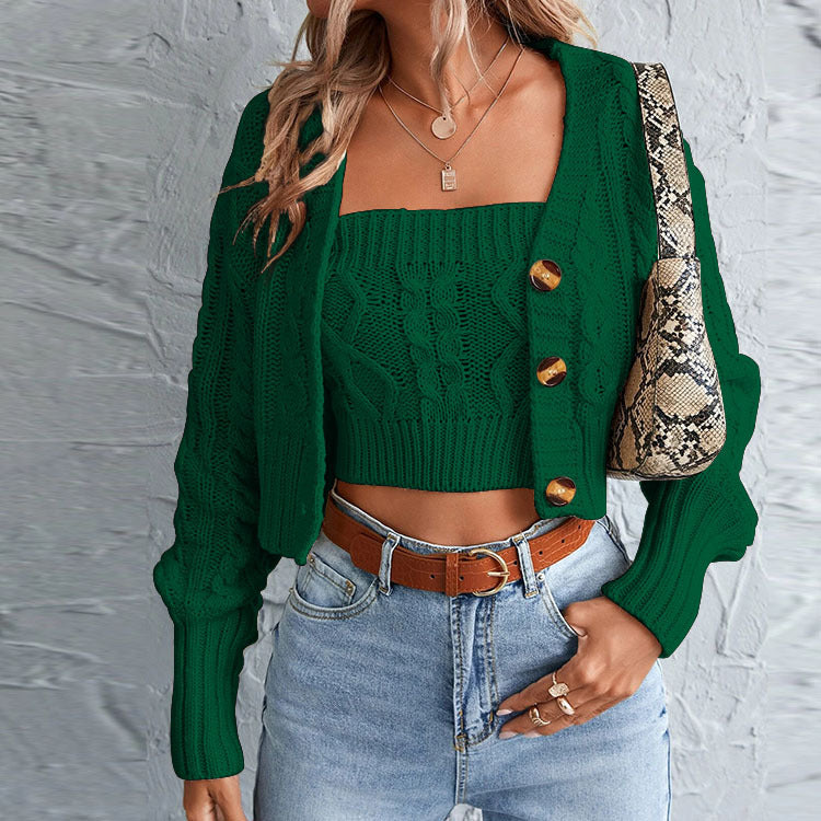 Damen lässiges Strick-Set mit offener Jacke und Crop-Top Drune