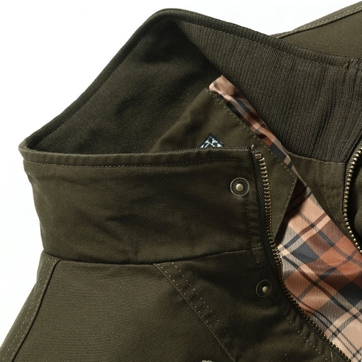Herren Canvas-Bomberjacke mit kariertem Innenfutter, Stehkragen und Abzeichenapplikationen Drune