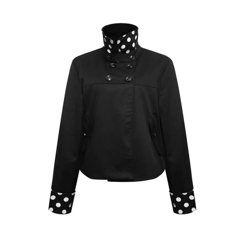 Damen Kurze Double-Breasted Jacke mit Stehkragen und Polka‑Dot-Futter Drune