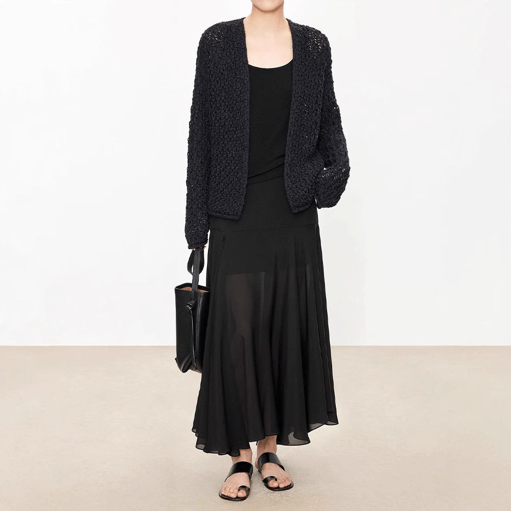 Satinrock Schwarz Damen Maxi leicht und schwingend