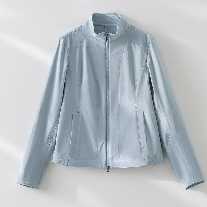 Damen schlichte taillierte Lederjacke mit Stehkragen und Zwei-Wege-Reißverschluss Drune