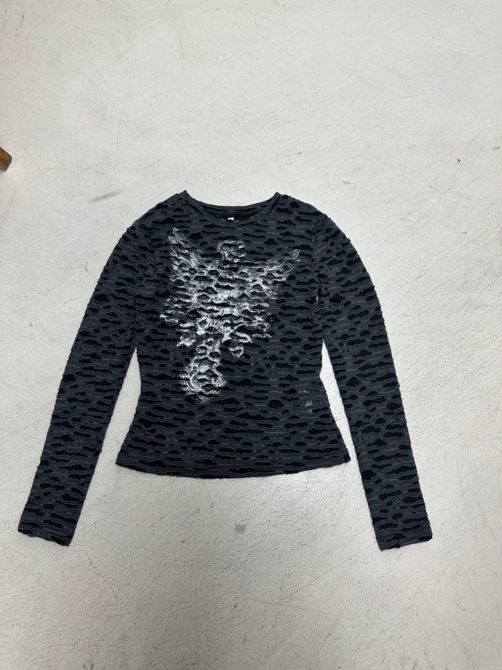 Damen Figurbetontes strukturiertes Langarmshirt mit metallischem Skelettprint Drune