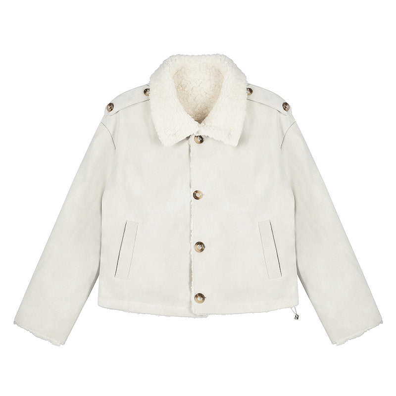 Damen Kurzgeschnittene Lammfell‑Optik Fliegerjacke mit Teddyfutter und Reverskragen Drune