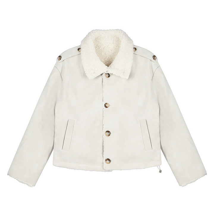 Damen Kurzgeschnittene Lammfell‑Optik Fliegerjacke mit Teddyfutter und Reverskragen Drune