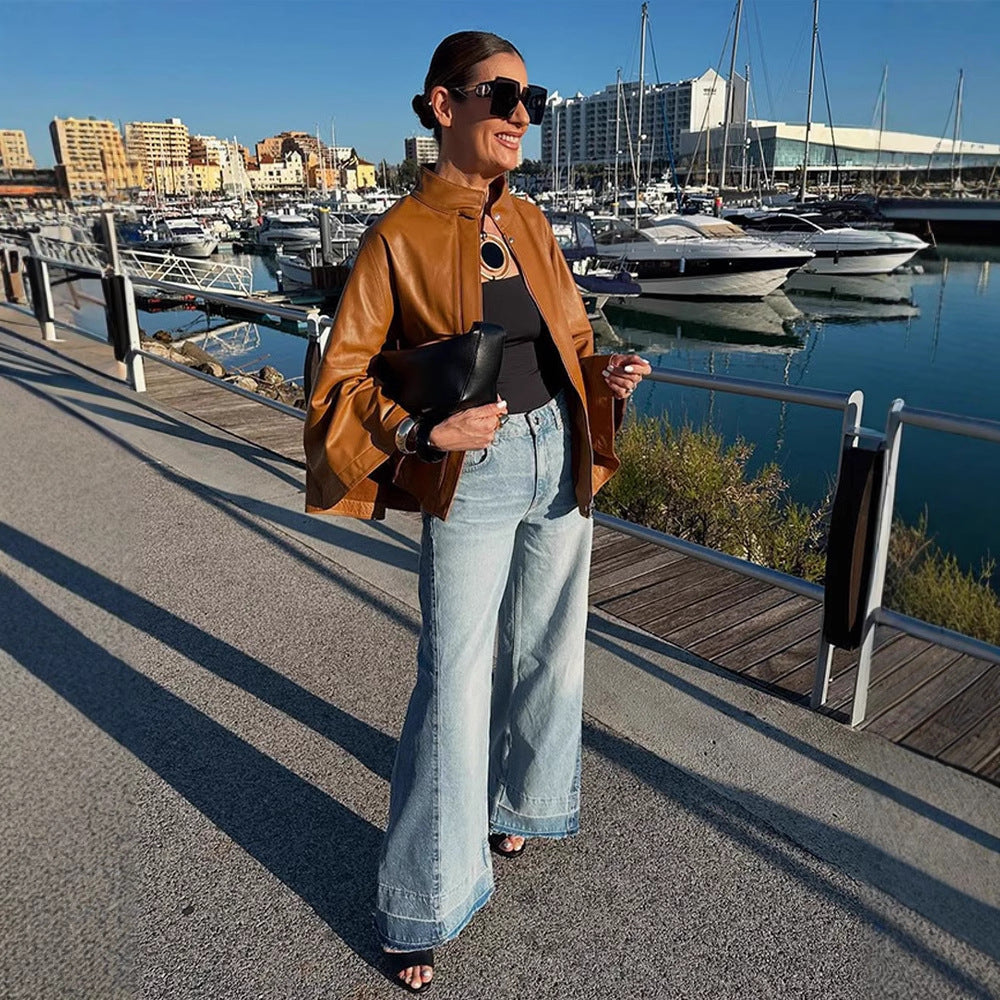 Damen Cape-Ärmige Lederjacke mit Stehkragen Drune