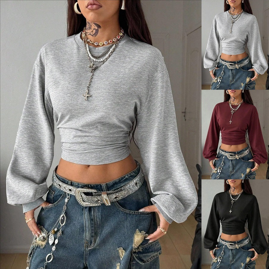 Damen Cropped Sweatshirt mit Taillenraffung und weiten Raglanärmeln Drune