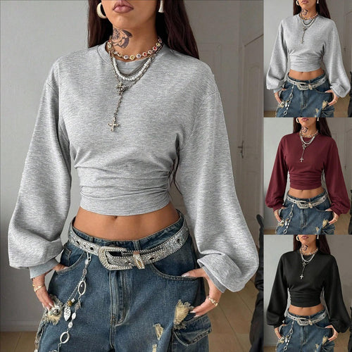 Damen Cropped Sweatshirt mit Taillenraffung und weiten Raglanärmeln Drune