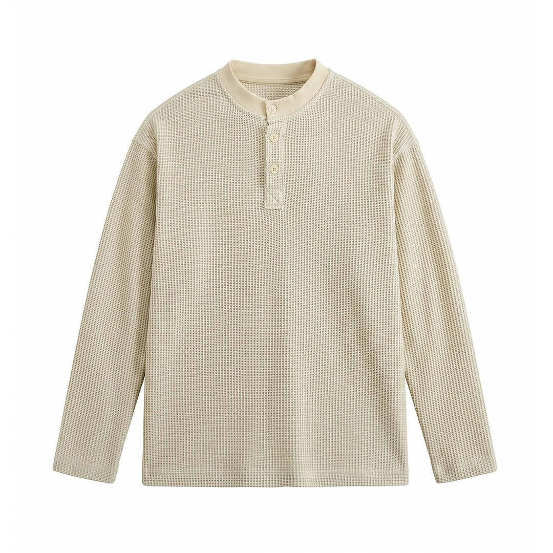 Herren Waffelstrick-Henley Langarmshirt mit Knopfleiste und entspannter Passform Drune