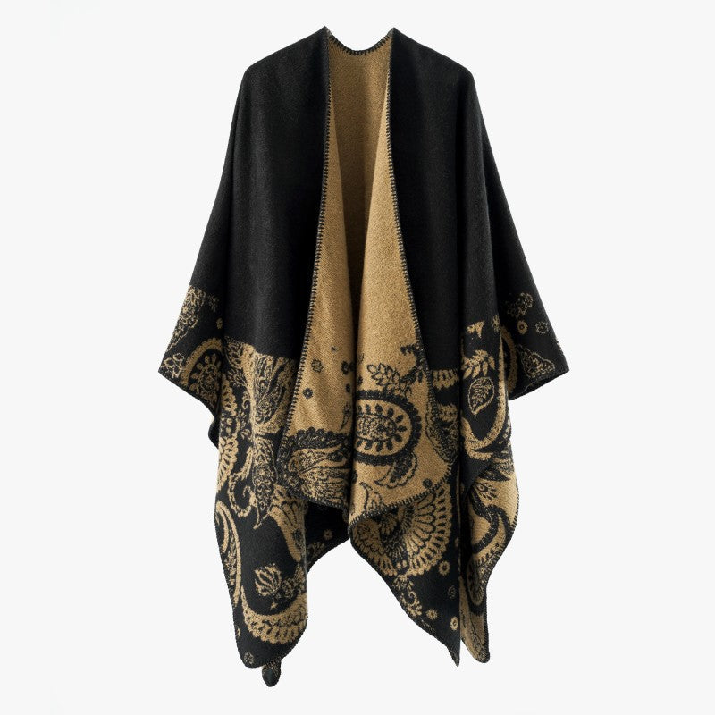 Damen Reversibler Jacquard-Capeponcho aus Wollmix mit Paisley-Motiv und offenem Fall Drune