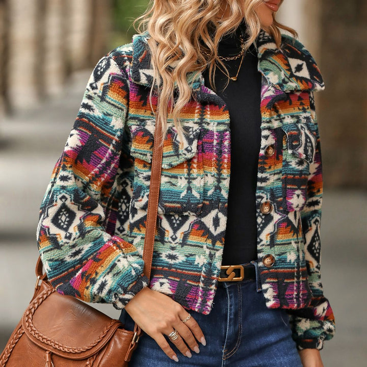 Damen Kuschelige Jacke im Boho-Stil mit buntem Muster Drune