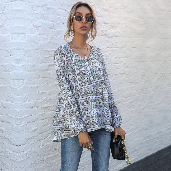 Damen V-Ausschnitt-Tunika mit Paisley-Bandana-Print, QuastenbindDruneand und Stufenrock Drune