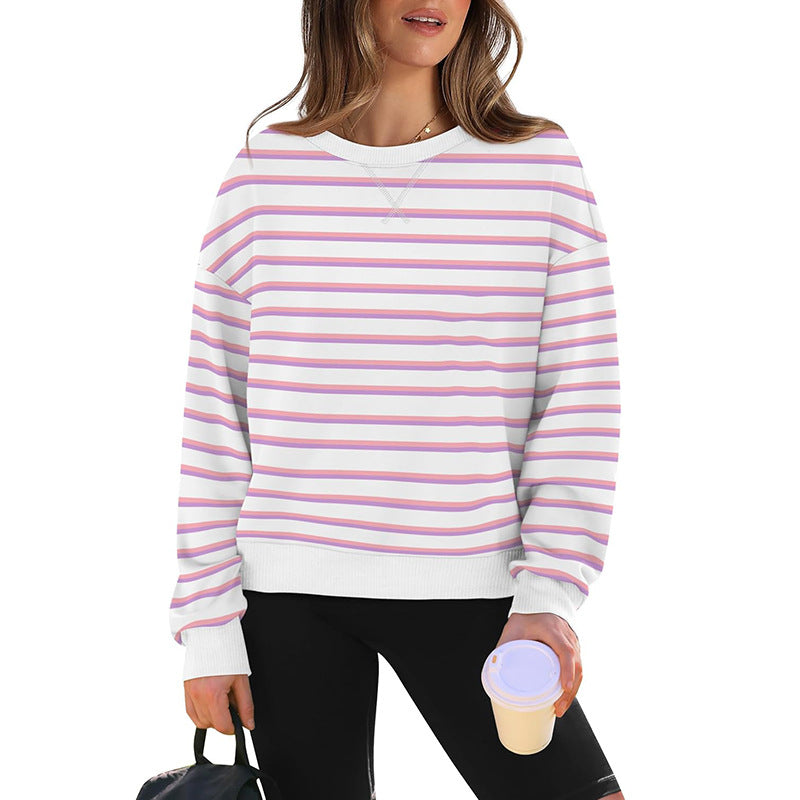 Damen lässiger Sweatshirt mit modernem Streifenmuster und Rundhalsausschnitt Drune