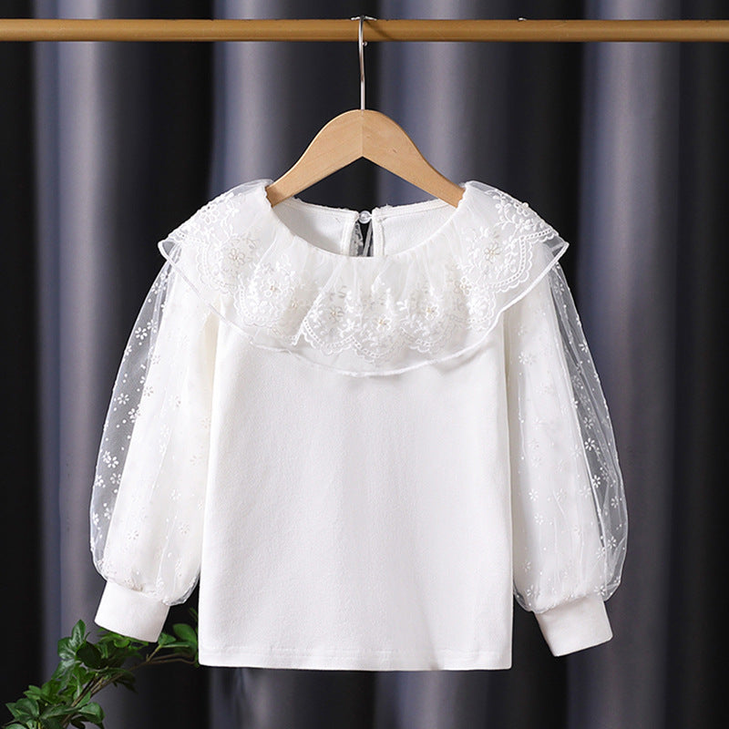 Mädchen Bluse mit floralem Tüllkragen und eleganten Puffärmeln Drune