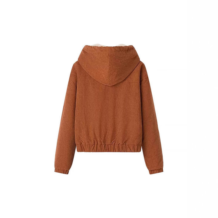 Damen Kurz geschnittene Cordjacke mit Kapuze, Teddyfutter und durchgehendem Reißverschluss Drune