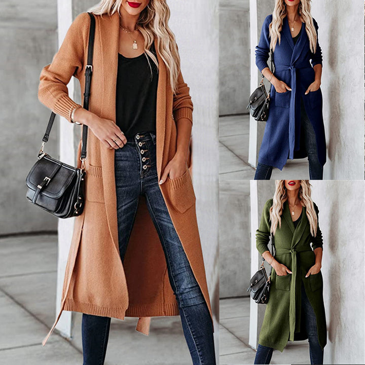 Damen Strickmantel mit Bindegürtel und großen Taschen Drune