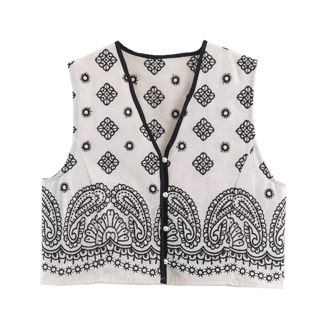 Damen Ärmellose bestickte Weste mit Paisley‑Motiv und Perlmuttknopfleiste Drune