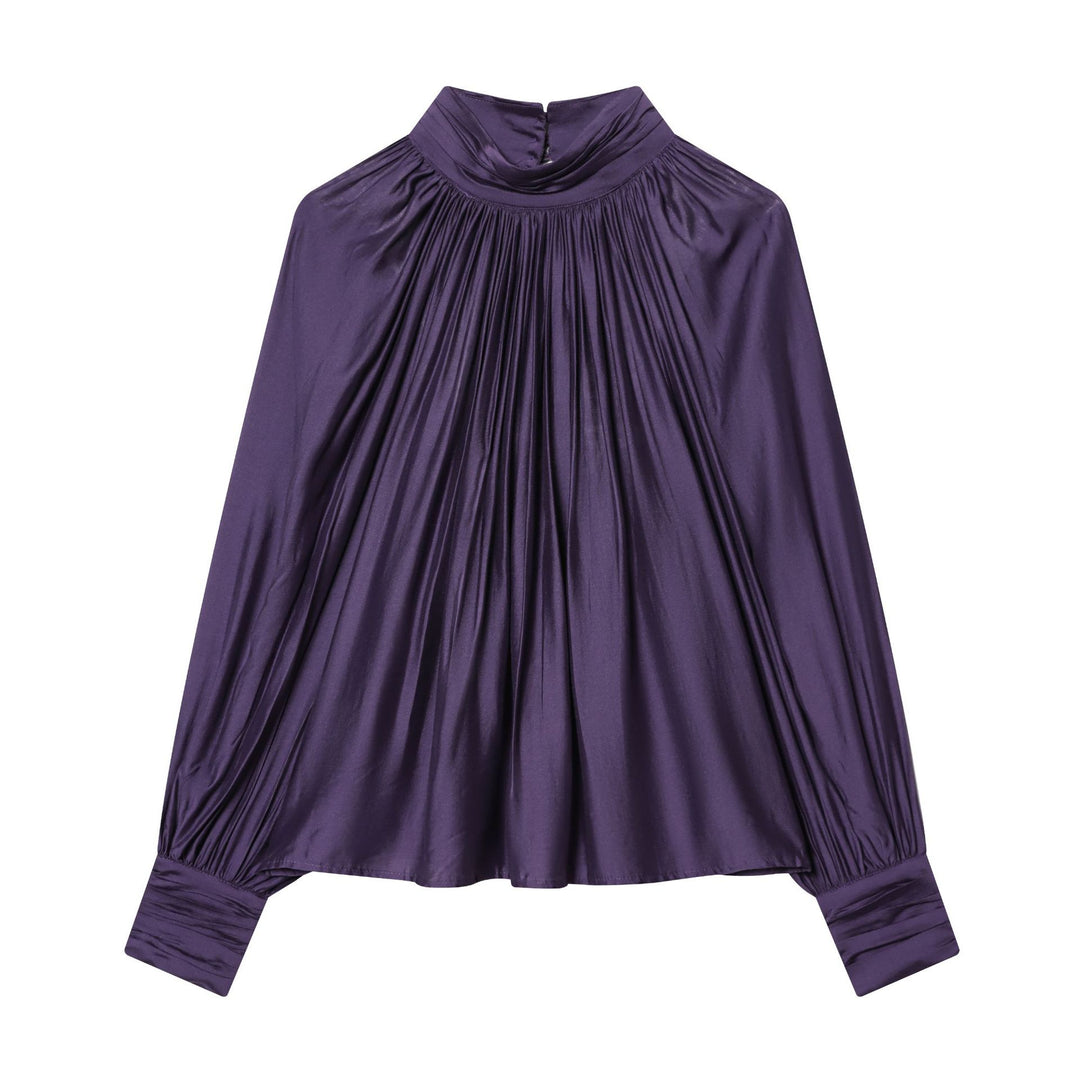Damen nan plissierte Highneck-Bluse aus seidenähnlichem Satin mit Ballonärmeln und gerafften Manschetten Drune