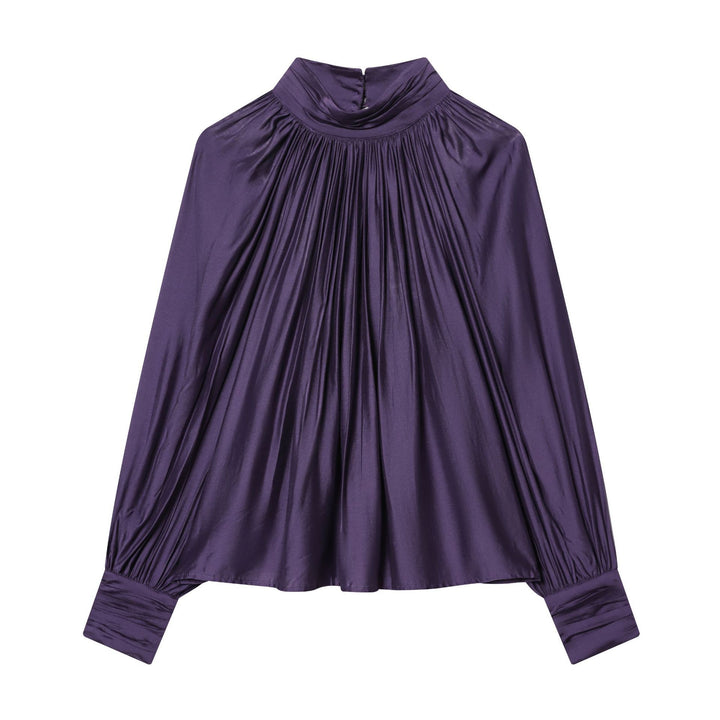 Damen nan plissierte Highneck-Bluse aus seidenähnlichem Satin mit Ballonärmeln und gerafften Manschetten Drune