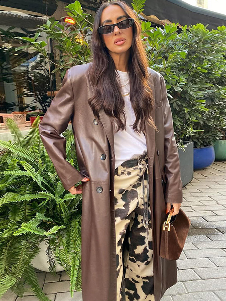 Damen langer Lederimitatmantel mit doppelreihiger Knopfleiste und Oversize-Schnitt Drune