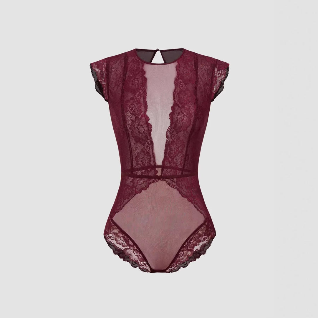 Damen Elegantes Spitzenbody mit tiefem V-Ausschnitt und zarten Rüschendetails Drune
