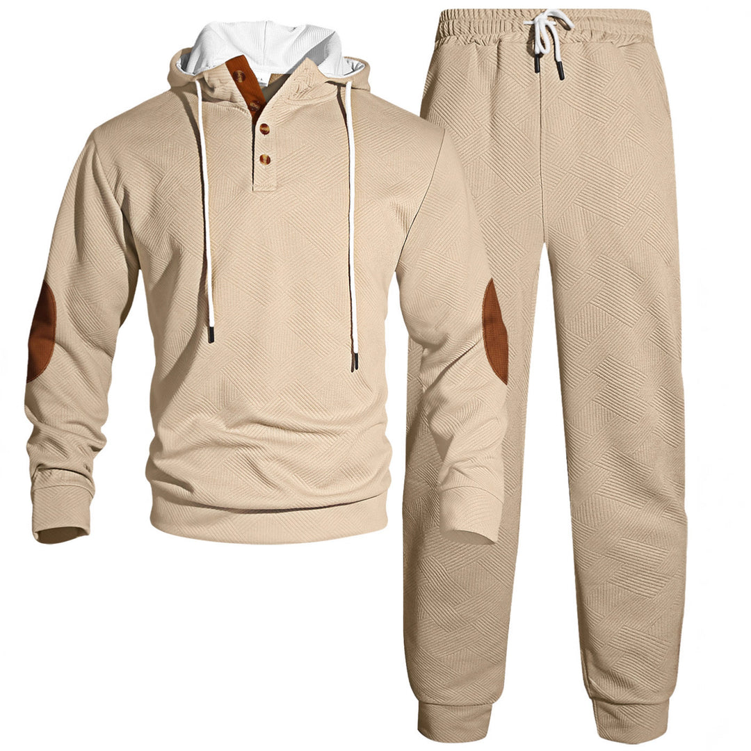 Herren nan Waffelstruktur Henley-Kapuzen-Set mit Holzknopfleiste Ellbogen-Patches und konischer Jogginghose Drune