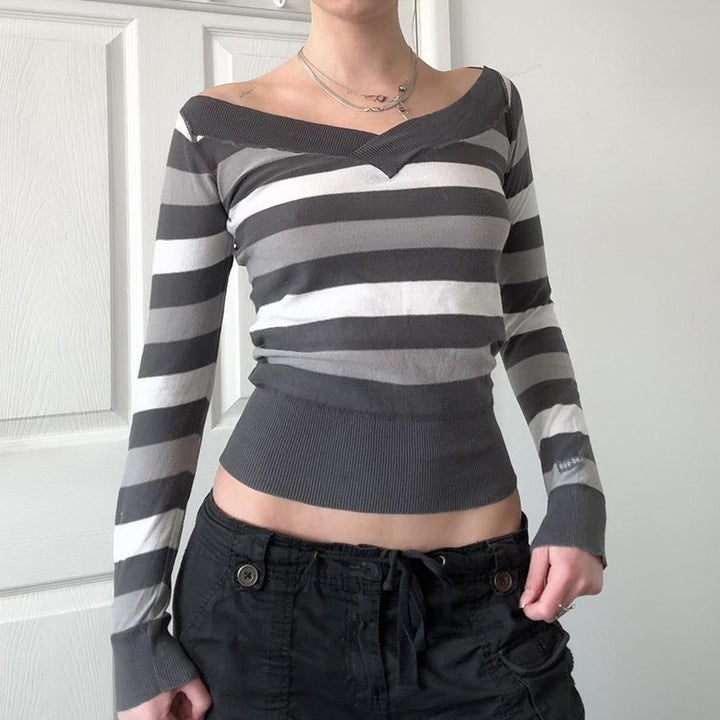 Damen Taillierter Feinstrick-Pullover mit breiten Blockstreifen und V-Ausschnitt Drune